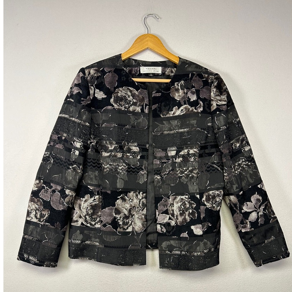 Dark Romance Tahari Arthur S Levine Womens 16‎ Black Gray Floral Jacquard Blazer